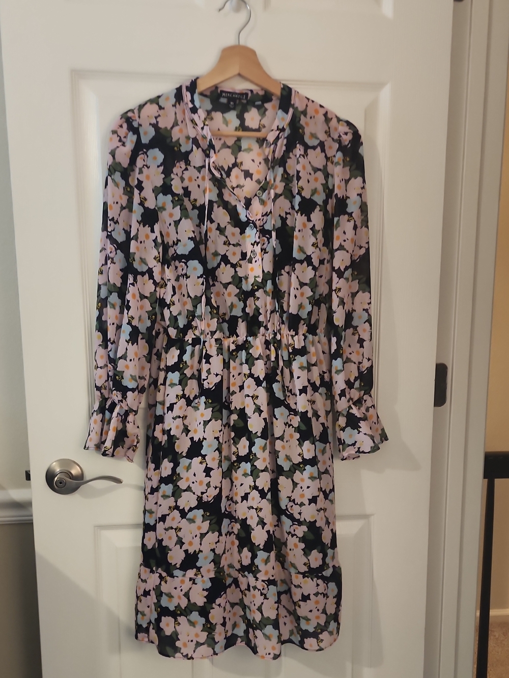 J. Crew Navy Blue Floral Long-Sleeve Midi Dress with Pink and Green Print